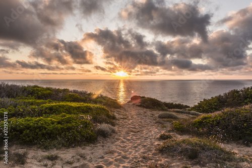 Fototapeta Naklejka Na Ścianę i Meble -  Sunset at scenic Scivu beach - Sand dunes with myrtle vegetation with the ocean in the background and sun-drenched clouds, Sardinia, Italy