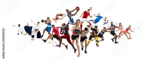 Fototapeta Naklejka Na Ścianę i Meble -  Sport collage about kickboxing, soccer, american football, basketball, ice hockey, badminton, taekwondo, tennis, rugby
