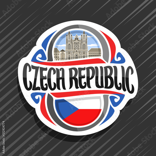 Vector logo for Czech Republic, fridge magnet with czech state flag, original brush typeface for words czech republic and national symbol - St. Vitus cathedral in Prague on blue cloudy sky background.