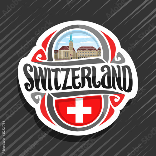 Vector logo for Switzerland country, fridge magnet with swiss flag, original brush typeface for word switzerland and national swiss symbol - Fraumunster church in Zurich on cloudy sky  background.