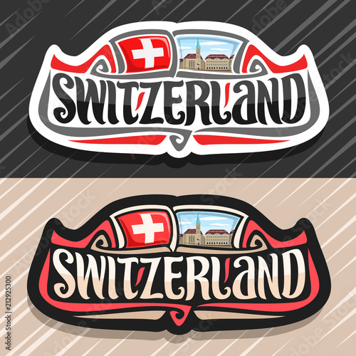 Vector logo for Switzerland country, fridge magnet with swiss flag, original brush typeface for word switzerland and national swiss symbol - Fraumunster church in Zurich on cloudy sky  background.