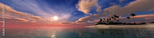 Panorama of a sea sunset over a tropical beach. Island with palm trees at sunset. Panorama of the oceanic sunrise. 3D rendering 