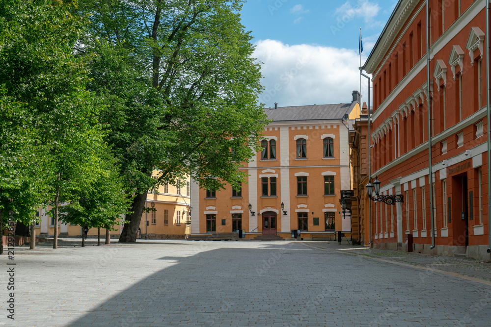 TURKU, FINLAND - 8/7/2018: The old great square on sunny summer day. Medieval market square located in the old town in city centre.