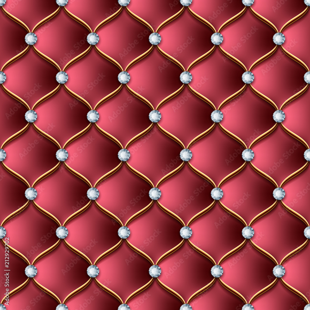 Naklejka premium Leather upholstery seamless pattern with golden thread and gems. Vector Illustration