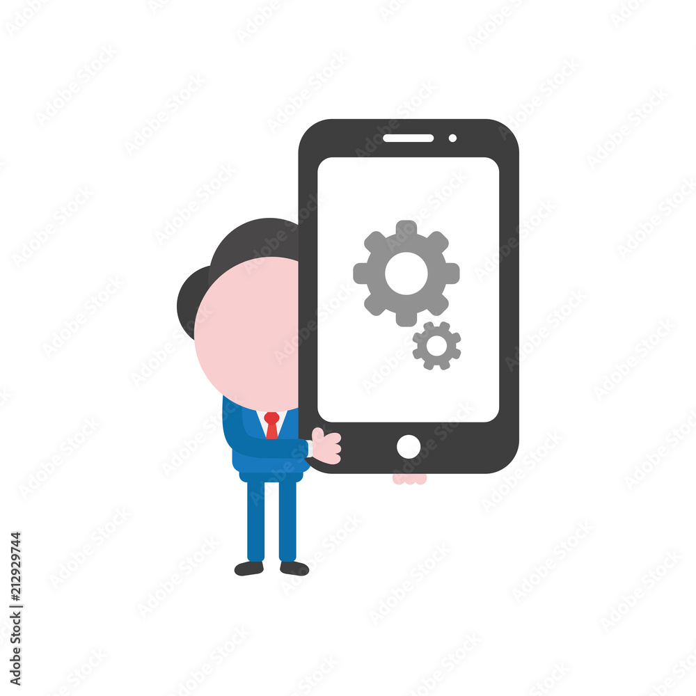 Vector businessman character holding smartphone with gears Vector businessman character holding smartphone with gears