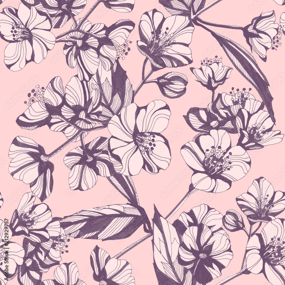 Fototapeta premium Awesome jasmine flowers. Hand drawn ink illustration. Wallpaper or fabric design.