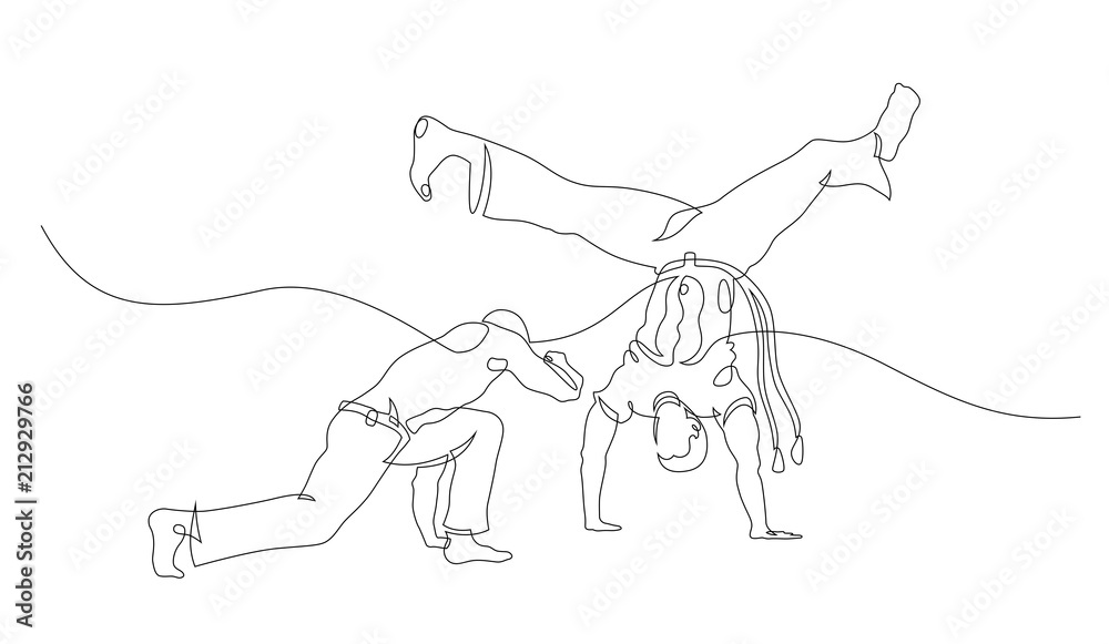 Two capoeira fighters playing. Contour Isolated on white. Vector illustration