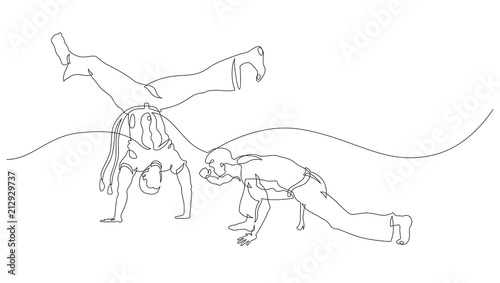 Two capoeira fighters playing. Contour Isolated on white. Vector illustration