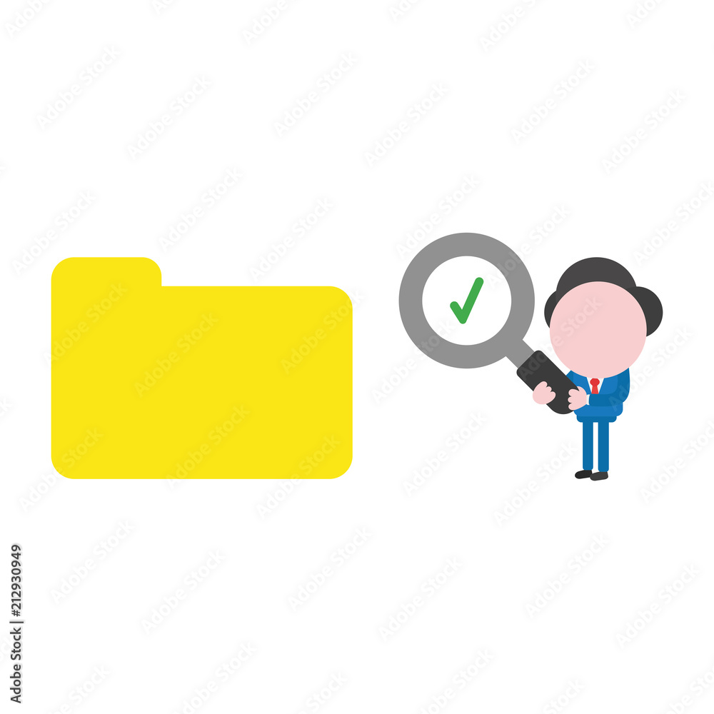 Vector businessman character holding magnifying glass with check mark and looking at closed file folder Vector businessman character holding magnifying glass with check mark and looking at closed file folder
