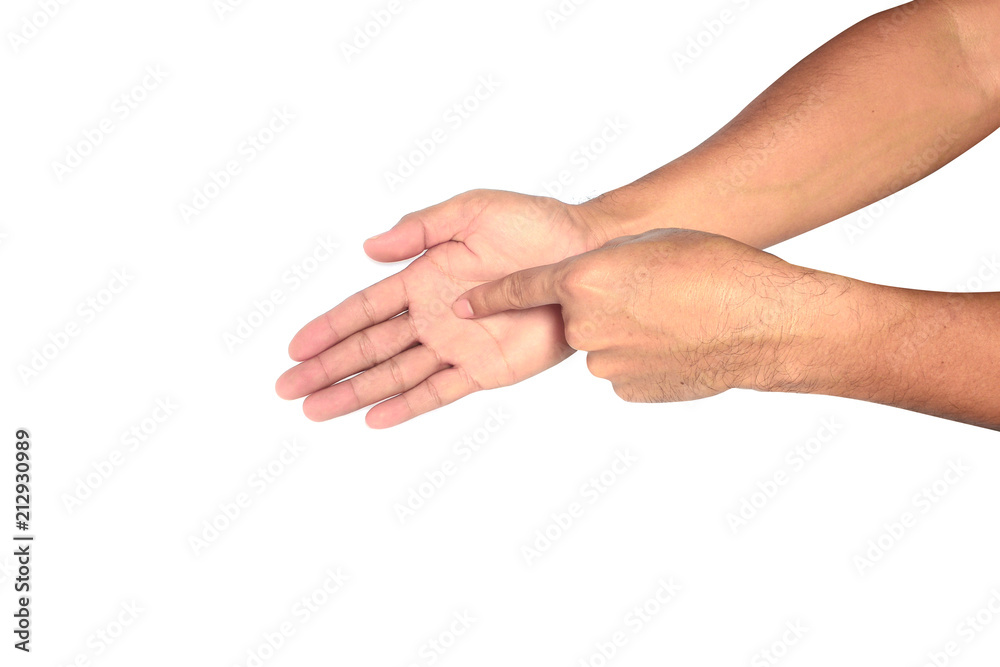 a palm of adult with the index finger pointing at the center of palm on white background isolated