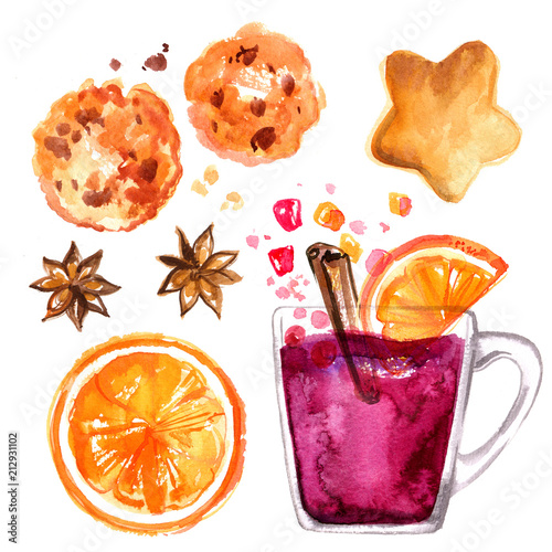 Set of sweets and mulled wine in the circle. Winter drink painted with watercolors on white background. photo