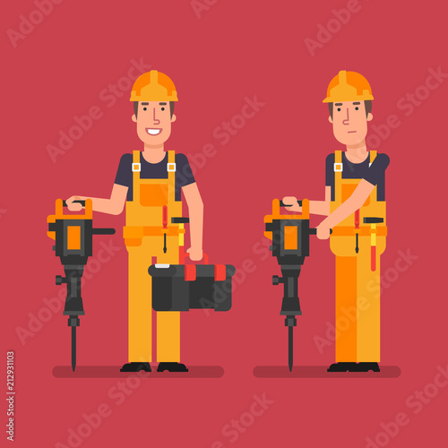 Builder holds jackhammer holds suitcase and smiles
