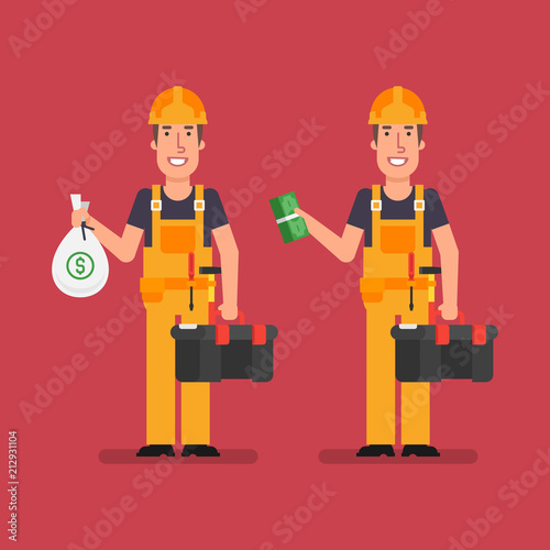 Builder holds bag money holds bundle money and smiling