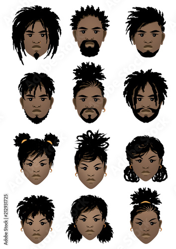 Set of faces of black men and girl with dreadlocks and different hairstyles. Vector illustration.