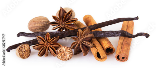 Assorted spices on white background
