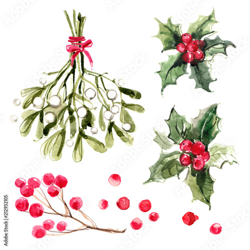 Mistletoe with red ribbon, holly branches with red berries. Christmas ornaments from the branches painted with watercolors on white background.