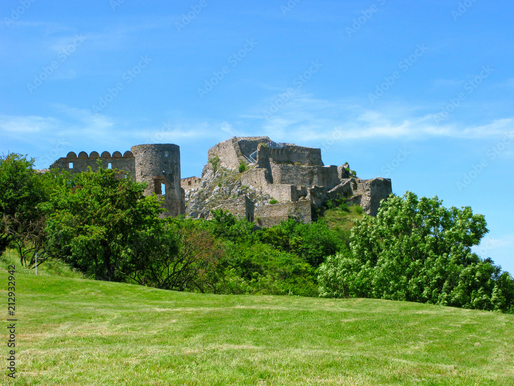 Slovakia, the Devin Castle. Panoramic view of the castle with meadow and trees. The castle is located near Bratislava and is one of famous places of travel destinations near the city.