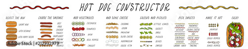 Hot Dog Ingredients Constructor. Sausage, Bun, Vegetables, Cheese, Salad Leaves, Sauce, Pepper. Fast Food Collection. Realistic Hand Drawn High Quality Vector Illustration. Doodle Style.