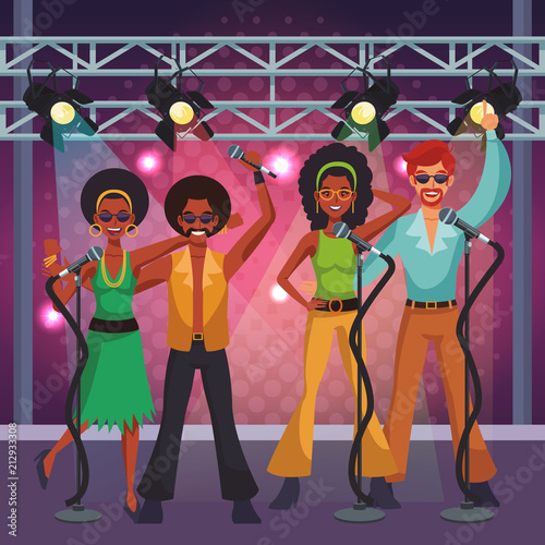 Disco band artist singing and dancing at stage