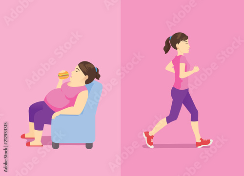 Fat woman eating hamburger on sofa but slim woman doing jogging. Illustration about Difference activity and shape.