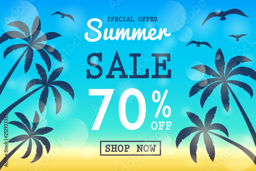 Summer Sale - concept of banner with tropical palms. Vector.