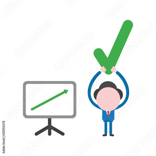 Vector businessman character with sales chart arrow moving up and holding up check mark