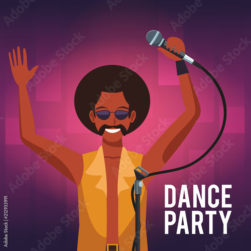 Dance party invitation card with disco man artist singing