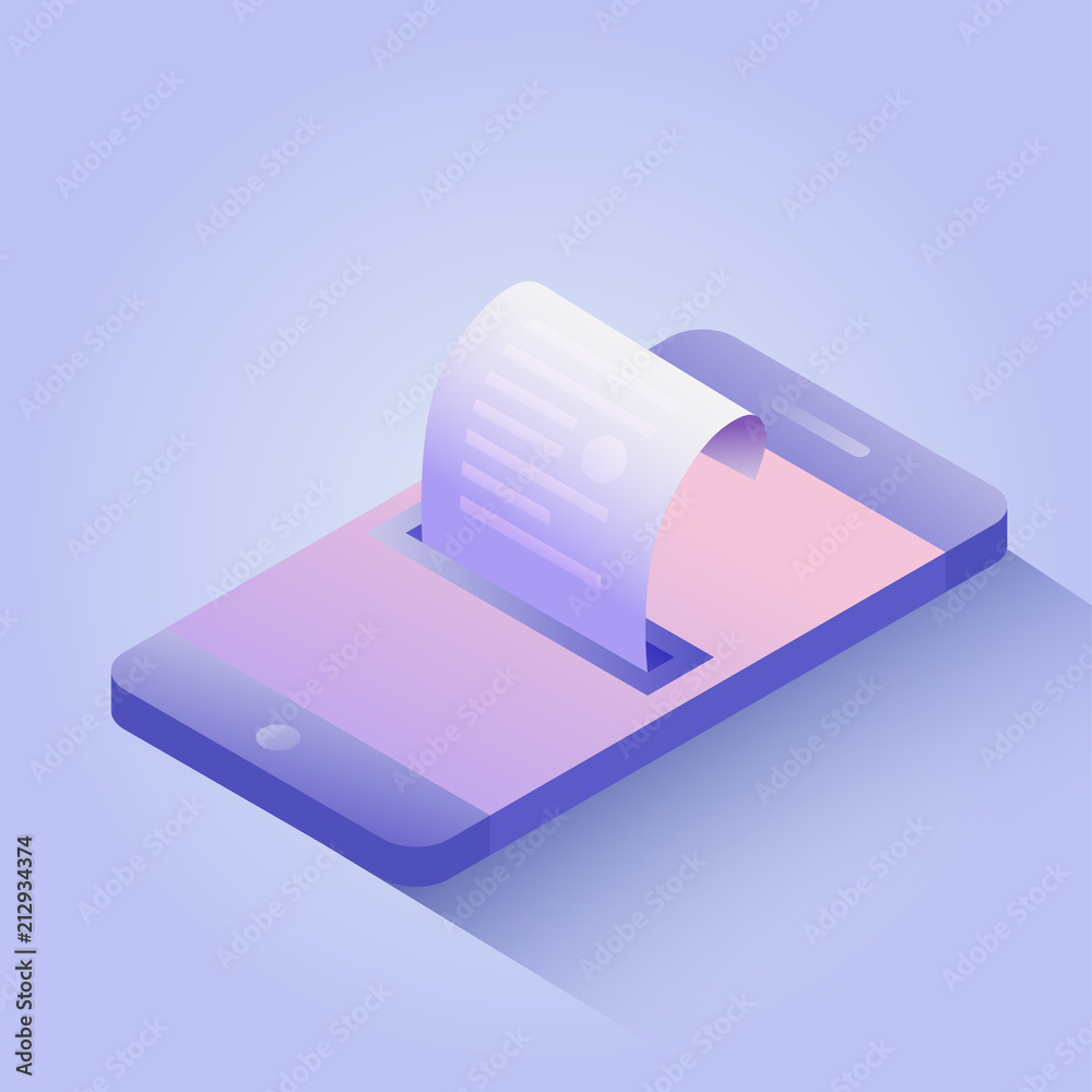 Sales printed receipt from the smartphone screen. Electronic bill payment, online payment. Isometric vector illustration suitable for info graphics, websites. Sales printed receipt from the smartphone screen. Electronic bill payment, online payment. Isometric vector illustration suitable for info graphics, websites.