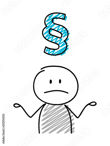 Stickman with confused facial expression holiding paragraph (section mark) icon. Vector.