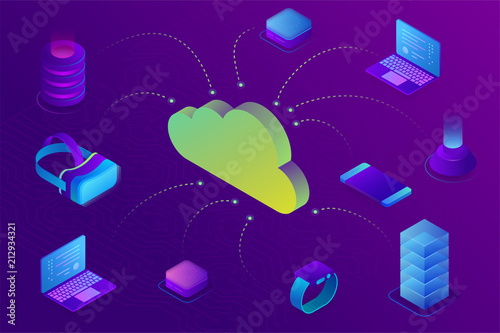 Cloud computing device technology concept. Cloud data storage connected to devices. Isometric vector illustration suitable for info graphics, websites.