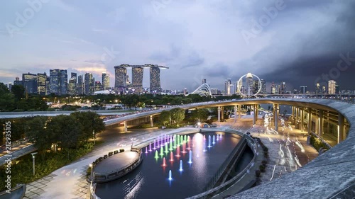 4k time lapse with cloud trail and long exposure effect. Singapore city skyline during sunset. Tilt up