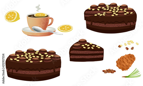 A cup of tea and chocolate cake with chocolate cream, decorated nuts. A piece of chocolate cake isolated on white background. Vector illustration.