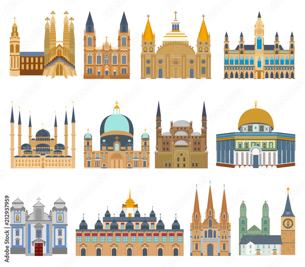 Fototapeta premium set of isolated churches, mosques, cathedrals, palaces, temples, castles, city halls, old buildings and other architectural monuments