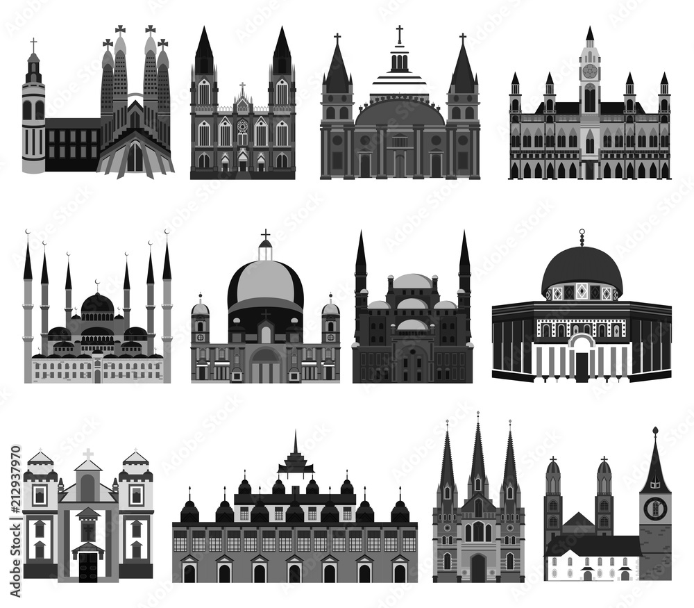 set of isolated churches, mosques, cathedrals, palaces, temples, castles, city halls, old buildings and other architectural monuments silhouettes