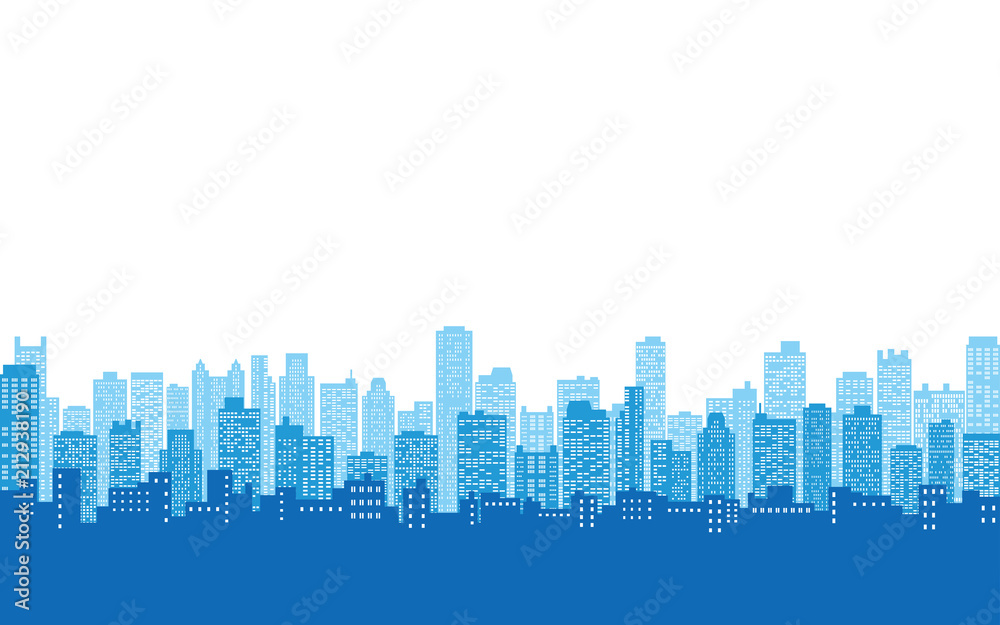 blue color of silhouette city skyline, Cityscape in white color sky background