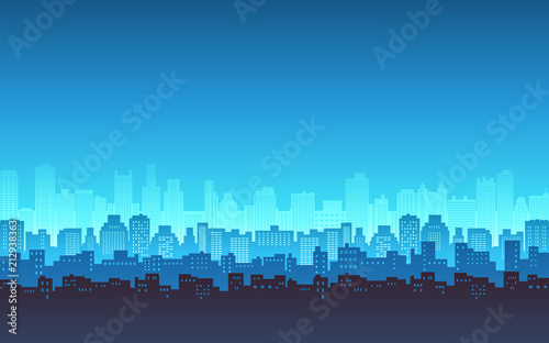 silhouette of city skyline, Cityscape in blue color background and flat icon design