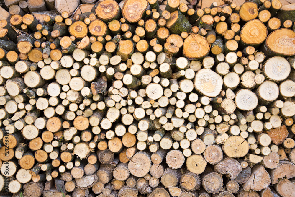 Neatly stacked full frame wood beams and branches background texture patterns.