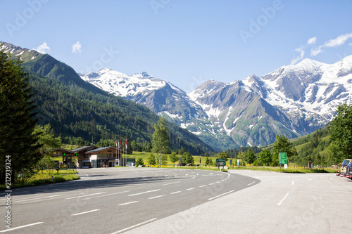 Entrance to the wildpark at the Grossglockner High Alpine Road in Ferleiten, Austria. Shot against a blue sky.