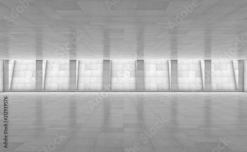 Abstract concrete showroom with columns. Modern geometric design. White floor and wall background. 3d rendering