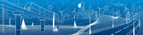 City infrastructure industrial and transport illustration panorama. Train travels along  railway bridge over river. Automobile road in mountains. White lines on blue background. Vector design art