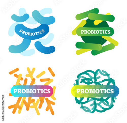 Vector illustration with labeled probiotics icon set. Artistic collection with anatomical good bacteria closeup. Health, biology and wellbeing basics.
