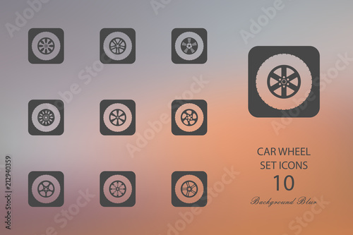 Car wheel. Set of flat icons on blurred background
