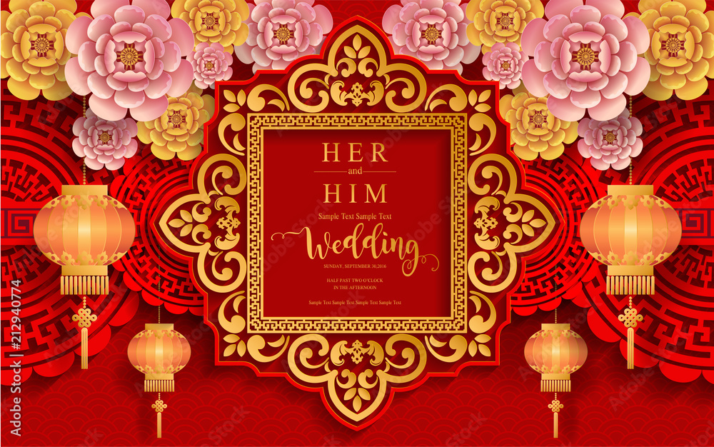 chinese oriental wedding Invitation card templates with beautiful patterned on paper color Background. chinese oriental wedding Invitation card templates with beautiful patterned on paper color Background.