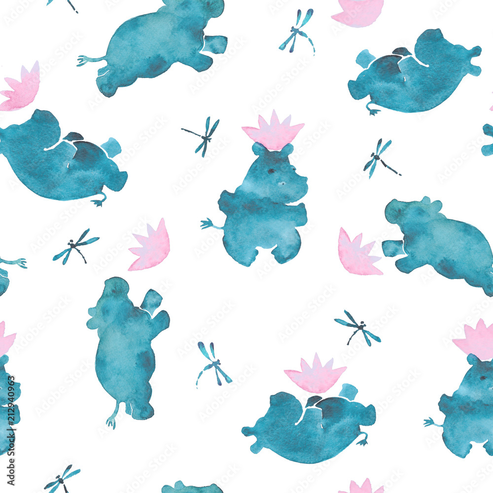Cute pink and blue watercolor seamless pattern with cartoon style hippo babies playing with water lillies flowers and dragonflies - obrazy, fototapety, plakaty 