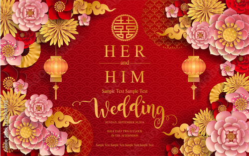 chinese oriental wedding Invitation card templates with beautiful patterned on paper color Background.
