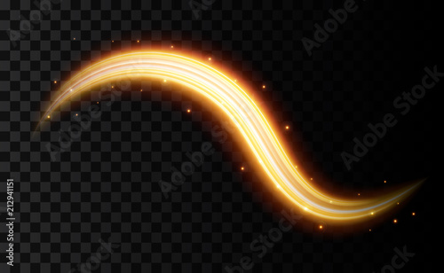 Creative vector illustration of golden light effect, glowing wavy lines, shine curve sparkles isolated on transparent background. Art design magic twinkle particles. Abstract concept graphic element
