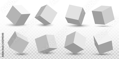 Creative vector illustration of perspective projections 3d cube model icons set with a shadow isolated on transparent background. Art design geometric surfac rotate. Abstract concept graphic element