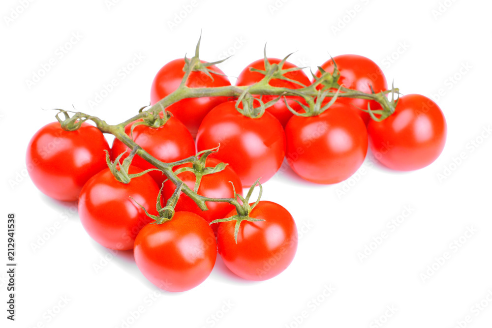 Red, fresh tomatoes on a branch on a white background close-up. isolated