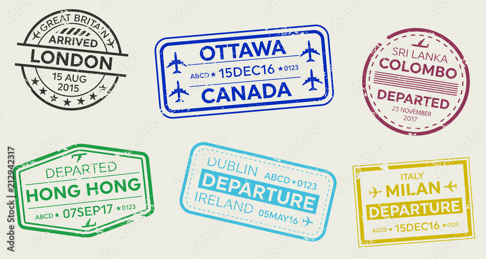 Fototapeta premium Creative vector illustration of international business travel visa passport stamp set isolated on transparent background. Art design variety rubber city arrival sign. Abstract concept graphic element.
