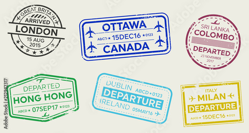 Creative vector illustration of international business travel visa passport stamp set isolated on transparent background. Art design variety rubber city arrival sign. Abstract concept graphic element.